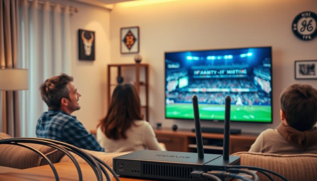 A modern living room with a sleek television displaying a live sports game, vividly capturing the excitement of the match. In the foreground, a family dressed in casual but neat clothing, intently watching the screen with expressions of joy and anticipation. The middle ground features sophisticated network equipment, subtly showcasing high-quality cables and a router, symbolizing the reliable ge iptv infrastructure. The background includes soft ambient lighting, enhancing the cozy atmosphere, with wall decorations featuring sports memorabilia. A warm color palette creates an inviting mood, emphasizing the benefits of streaming sports with superb picture quality. The scene is captured with a slight depth of field effect, focusing on the family and the television.