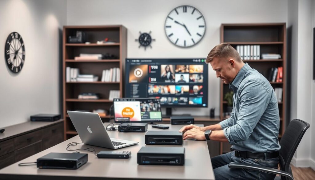 A modern office setting focused on IPTV maintenance and support. In the foreground, a professional technician wearing a smart polo shirt and jeans is attentively examining a streaming device on a sleek desk, showcasing tools like a laptop and diagnostic equipment. In the middle, a large monitor displays network statistics and IPTV interface with streaming content, while various streaming gadgets are organized efficiently around the desk. The background features bookshelves filled with technology manuals and an abstract wall clock, adding a contemporary touch. Soft, diffused lighting creates a calm atmosphere, with a slight focus blur effect on the background to emphasize the technician's concentration. The overall mood is one of professionalism, efficiency, and dedication to a smooth streaming experience. A modern office setting focused on IPTV maintenance and support. In the foreground, a professional technician wearing a smart polo shirt and jeans is attentively examining a streaming device on a sleek desk, showcasing tools like a laptop and diagnostic equipment. In the middle, a large monitor displays network statistics and IPTV interface with streaming content, while various streaming gadgets are organized efficiently around the desk. The background features bookshelves filled with technology manuals and an abstract wall clock, adding a contemporary touch. Soft, diffused lighting creates a calm atmosphere, with a slight focus blur effect on the background to emphasize the technician's concentration. The overall mood is one of professionalism, efficiency, and dedication to a smooth streaming experience.