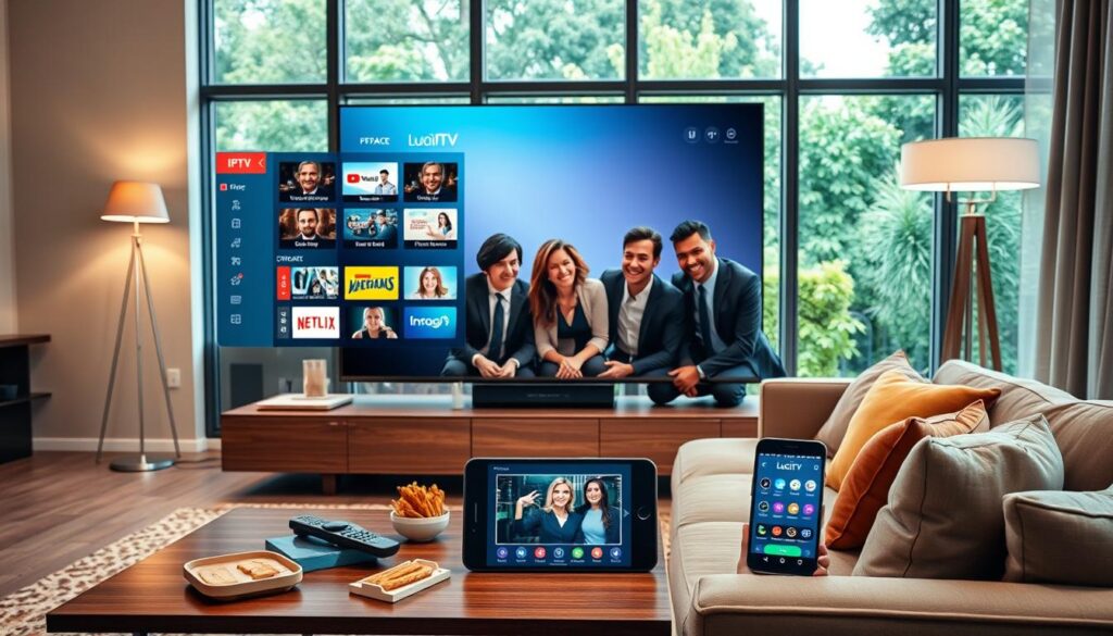 A modern, sleek living room setting featuring a large flat-screen TV displaying the Lucid IPTV interface, showcasing vibrant streaming options and an easy-to-navigate menu. In the foreground, a stylish coffee table holds a remote control, snacks, and a smartphone with the Lucid IPTV app open. In the middle, a cozy couch with cushions invites relaxation, with diverse individuals in professional business attire happily engaging with the TV, representing a family or friends enjoying their streaming experience. The background includes soft lighting from a floor lamp and large windows with a view of a lush garden, creating an inviting and warm atmosphere that highlights the convenience of Lucid IPTV. The image is well-composed with a focus on the TV screen and devices, captured from a slightly elevated angle to emphasize the features.