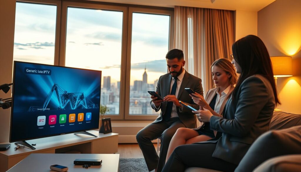 A modern, sleek living room setting serves as the foreground, featuring a stylish TV displaying a generic IPTV interface. In the middle, a diverse group of three adults in professional business attire are gathered, each engaging with devices like smartphones and tablets, studying data on screen privacy and security. The background showcases a serene window view of a cityscape during dusk, bathed in warm golden light. Soft shadows create a cozy and secure atmosphere, emphasizing a sense of safety. The image should be well-composed with a focus on the interaction between people and technology, captured from a slightly elevated angle to highlight their engaged expressions while ensuring a clean, polished environment.