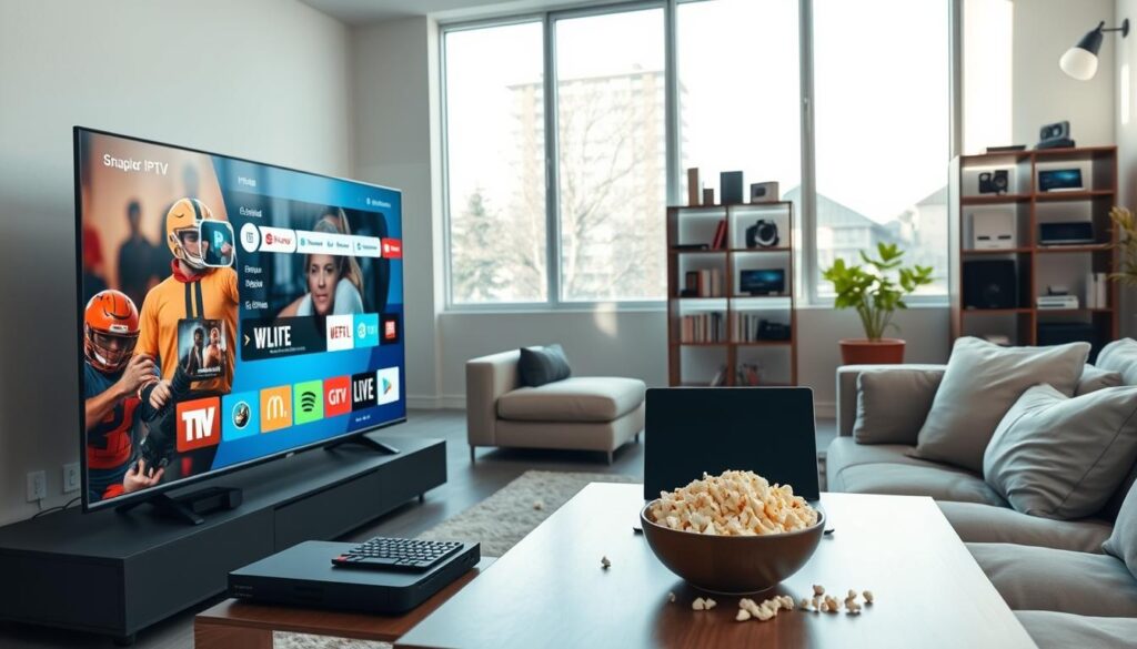 A modern, sleek living room setting showcasing Snappier IPTV's powerful features. In the foreground, a premium smart TV displays vivid streaming content, with a user-friendly interface featuring icons for various channels and apps. A stylish coffee table holds a remote control, an open laptop, and a bowl of popcorn, emphasizing a cozy viewing atmosphere. In the middle ground, a comfortable couch with plush cushions invites relaxation, and a decorative bookshelf filled with tech gadgets enhances the ambiance. The background reveals large windows allowing natural light to flood in, casting soft shadows, creating a warm and inviting feel. Overall, the scene conveys innovation and entertainment, with a professional, modern aesthetic. Use soft, even lighting to create an inviting atmosphere, capturing the essence of seamless streaming experiences without any human presence. A modern, sleek living room setting showcasing Snappier IPTV's powerful features. In the foreground, a premium smart TV displays vivid streaming content, with a user-friendly interface featuring icons for various channels and apps. A stylish coffee table holds a remote control, an open laptop, and a bowl of popcorn, emphasizing a cozy viewing atmosphere. In the middle ground, a comfortable couch with plush cushions invites relaxation, and a decorative bookshelf filled with tech gadgets enhances the ambiance. The background reveals large windows allowing natural light to flood in, casting soft shadows, creating a warm and inviting feel. Overall, the scene conveys innovation and entertainment, with a professional, modern aesthetic. Use soft, even lighting to create an inviting atmosphere, capturing the essence of seamless streaming experiences without any human presence.