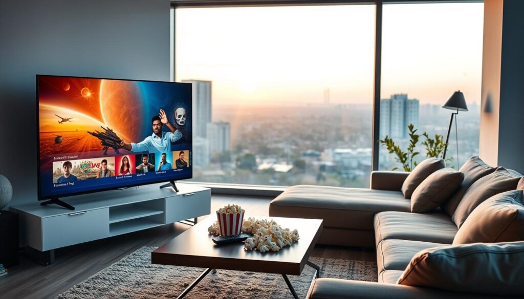 A modern, sleek living room setting that conveys an immersive streaming experience. In the foreground, a high-definition flat-screen TV displays vibrant colors representing diverse streaming content. A stylish coffee table is adorned with a remote control and popcorn, enhancing the home-viewing atmosphere. In the middle ground, a cozy couch with neatly arranged cushions invites relaxation. Soft, warm lighting fills the room, suggesting a late afternoon ambiance. The background showcases a large window revealing a tranquil urban landscape, bathed in golden hour light. The overall mood is one of comfort and excitement, capturing the essence of quality and performance in streaming. The scene is well-balanced, emphasizing clarity and modern design without any text or distractions.