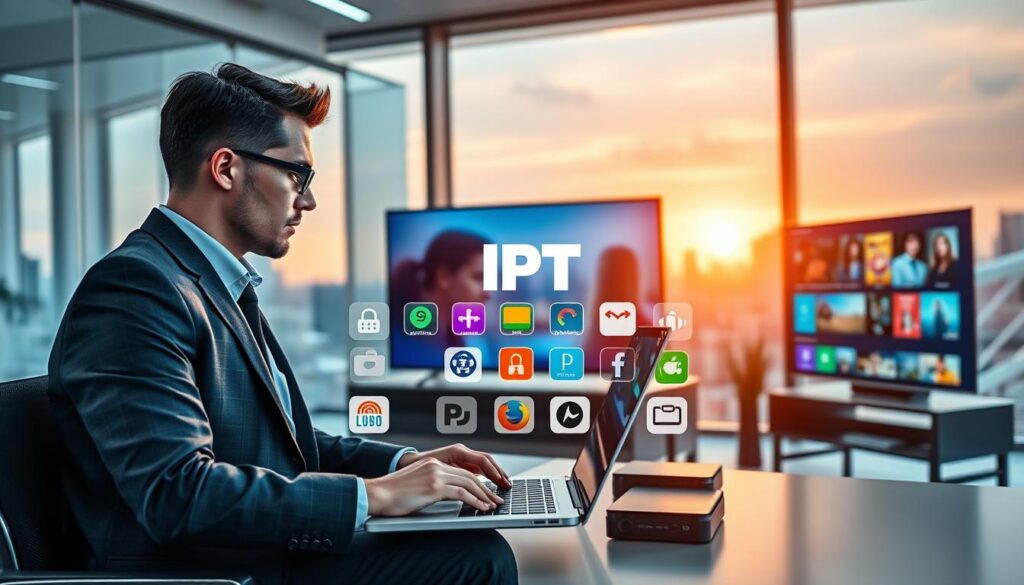 A modern, sleek office environment showcasing the concept of IPTV subscription providers. In the foreground, a professional person in smart business attire, focused on a laptop, surrounded by various devices including a tablet and smart TV, displaying vibrant streaming content. In the middle, an array of colorful icons representing different IPTV services, symbolizing diversity and reliability. The background features a large window with city skyline views, illuminated by the warm glow of sunset lighting. The atmosphere is productive and tech-savvy, evoking a sense of innovation and reliability in streaming services. The angle captures a dynamic perspective, highlighting the interplay between technology and user experience, with soft, diffused lighting to create a professional yet inviting mood.
