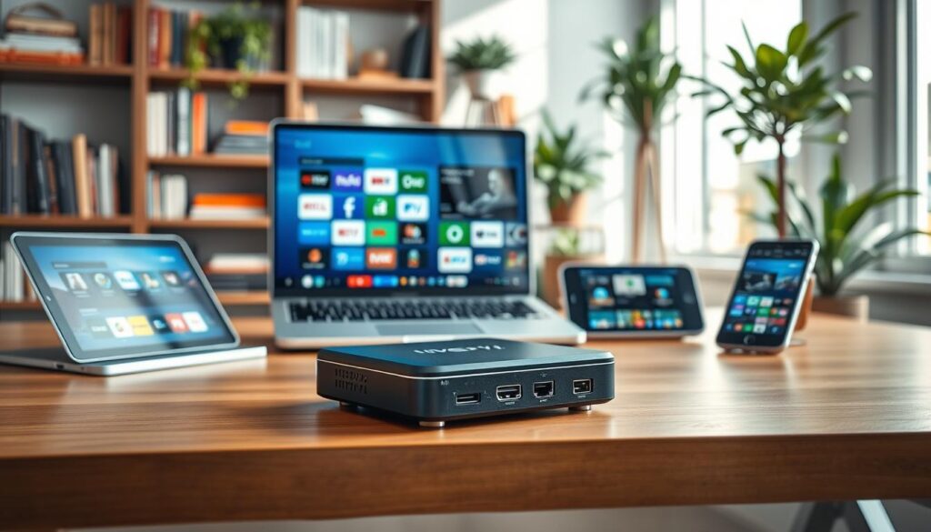 A modern workspace featuring a 1 Dollar IPTV device prominently displayed in the foreground. The device is sleek and compact, with visible ports for HDMI and Ethernet, positioned on a stylish wooden desk. In the middle, a laptop screen shows various compatible streaming apps, reflecting vibrant icons of popular services. Surrounding the laptop, a tablet and a smartphone are also showcasing the same apps, emphasizing multi-device compatibility. The background consists of a neatly arranged bookshelf filled with tech books and some indoor plants, creating a warm and inviting atmosphere. Soft, natural light streams in from a nearby window, illuminating the scene with a bright and cheerful ambiance, accentuated by a focused lens effect to draw attention to the IPTV device.