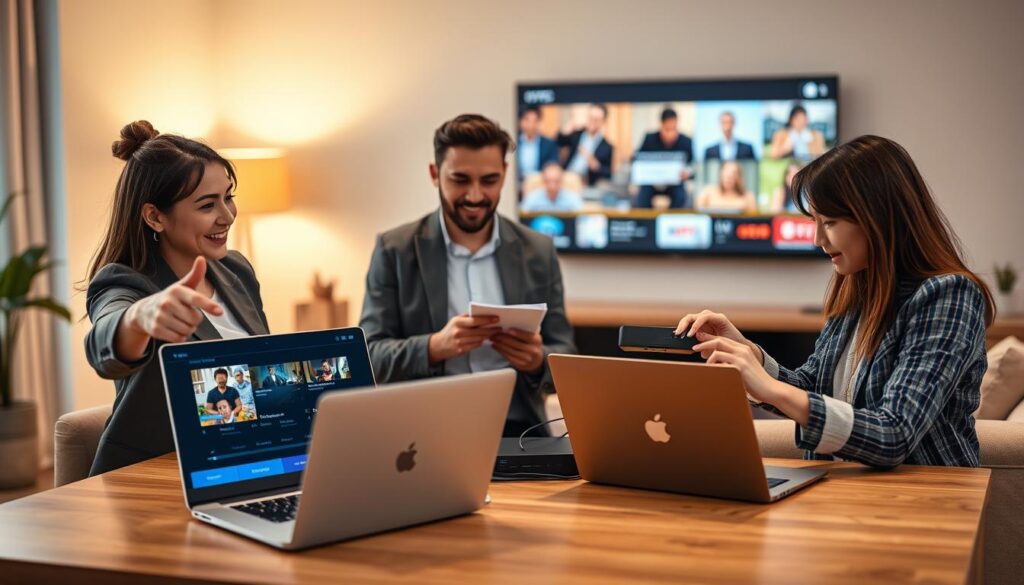 A modern workspace scene depicting a diverse group of three individuals engaged in setting up IPTV Com on their laptops. In the foreground, one individual, a woman in professional attire, is enthusiastically pointing at the screen, showcasing an IPTV interface. In the middle, a man in smart casual clothing is taking notes, while another person, a young professional, is adjusting a streaming device. The background is softly blurred, featuring a cozy living room setup with a large TV displaying lively streaming content. Warm, inviting lighting enhances the atmosphere, creating a sense of collaboration and excitement. The scene should evoke a feeling of eagerness and professionalism, illustrating a step-by-step initiation into IPTV Com, without any text or distractions in the image.