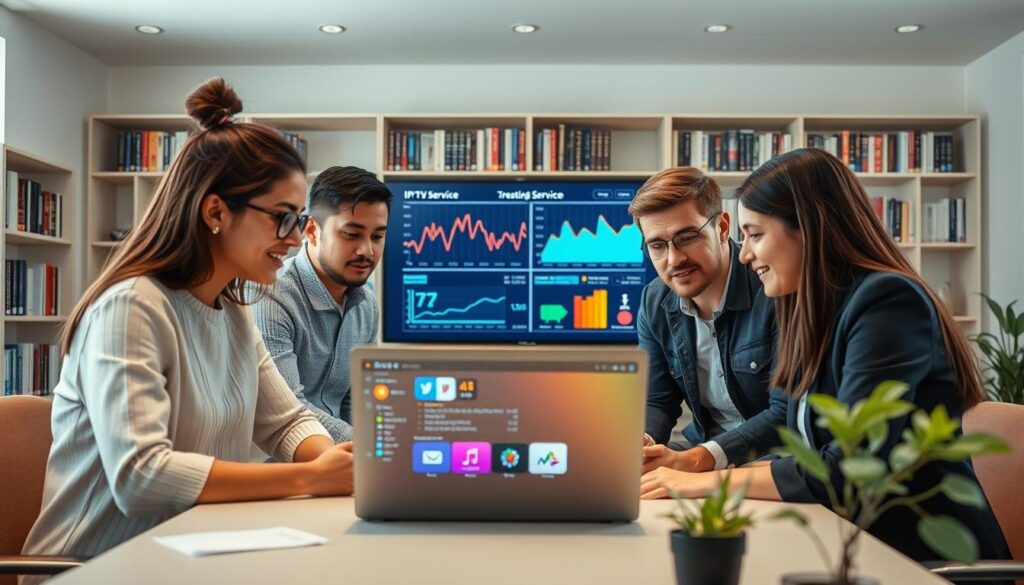 A modern workspace showcasing the testing methodology for IPTV services. In the foreground, a diverse group of three professionals, dressed in smart casual attire, are engaged in collaborative discussion over a laptop displaying IPTV service interfaces. The middle ground features a large screen with colorful graphs and statistics that depict service performance during trial periods. The background includes shelves lined with books on technology and streaming services, providing context to the setting. Soft, diffused lighting creates a relaxed yet focused atmosphere, simulating a natural environment. The image is taken from a slightly elevated angle, providing a panoramic view of the workspace, emphasizing a professional yet approachable ambiance. The overall mood conveys innovation and determination in evaluating IPTV options effectively. A modern workspace showcasing the testing methodology for IPTV services. In the foreground, a diverse group of three professionals, dressed in smart casual attire, are engaged in collaborative discussion over a laptop displaying IPTV service interfaces. The middle ground features a large screen with colorful graphs and statistics that depict service performance during trial periods. The background includes shelves lined with books on technology and streaming services, providing context to the setting. Soft, diffused lighting creates a relaxed yet focused atmosphere, simulating a natural environment. The image is taken from a slightly elevated angle, providing a panoramic view of the workspace, emphasizing a professional yet approachable ambiance. The overall mood conveys innovation and determination in evaluating IPTV options effectively.