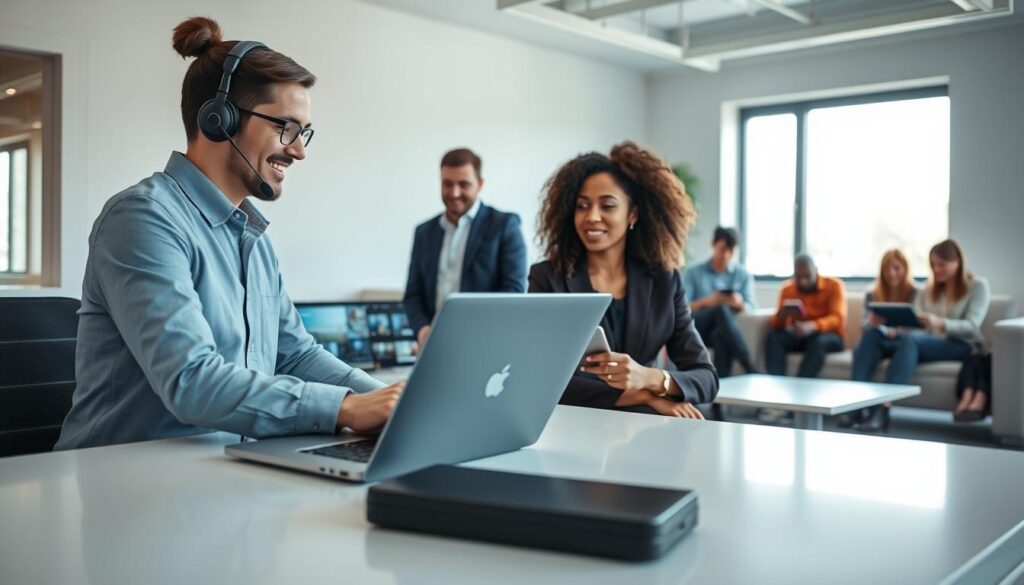 A professional customer support representative assisting a diverse group of clients in a bright, modern office space, highlighting a positive customer experience with 1 Dollar IPTV. In the foreground, a smiling representative in business casual attire is engaging with a client, both seated at a sleek, minimalist desk with a laptop open, showing the IPTV interface. In the middle ground, other clients wait comfortably in a well-lit area, some using tablets and smartphones, while a large window in the background lets in natural light, creating an inviting atmosphere. Soft ambient lighting enhances the professional yet friendly mood, and a subtle focus on the representatives' attentiveness emphasizes quality service. No text or logos are included.