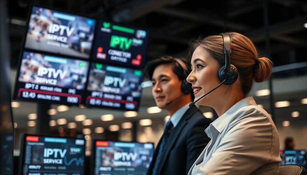 A professional customer support representative, dressed in business attire, is assisting a customer via a headset, surrounded by multiple large screens displaying IPTV service interfaces and connection status. In the background, a sleek office space filled with modern technology, emphasizing efficiency and reliability in a customer service environment. Soft, ambient lighting creates a focused yet inviting atmosphere, with a slight blur on the edges of the scene to draw attention to the interaction in the foreground. The representative exudes professionalism and empathy, showcasing the theme of exceptional customer support in the fast-paced world of IPTV services.