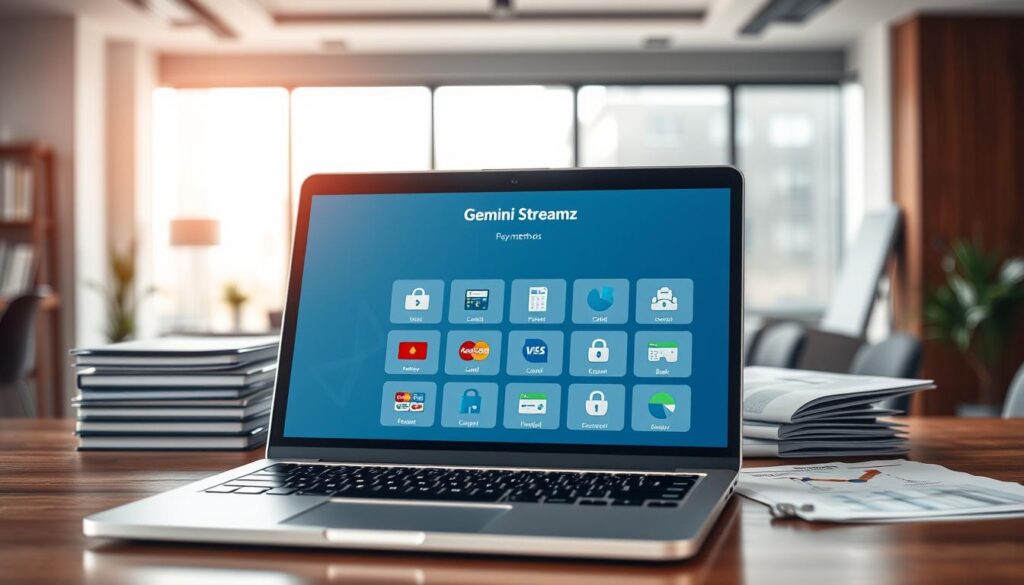 A professional-looking workspace centered around "Gemini Streamz IPTV Payment Methods." In the foreground, a sleek laptop displays a secure payment interface with icons representing various payment options, such as credit cards, e-wallets, and bank transfers. The middle ground features neatly arranged documents with financial charts and security symbols, symbolizing secure transactions. The background indicates a modern office space with soft, diffused natural lighting filtering through a large window, creating a calm atmosphere. The overall mood is one of reliability and professionalism, with a focus on financial security. Capture this scene from a slightly elevated angle to provide depth, showcasing both the workspace and elements of technology.