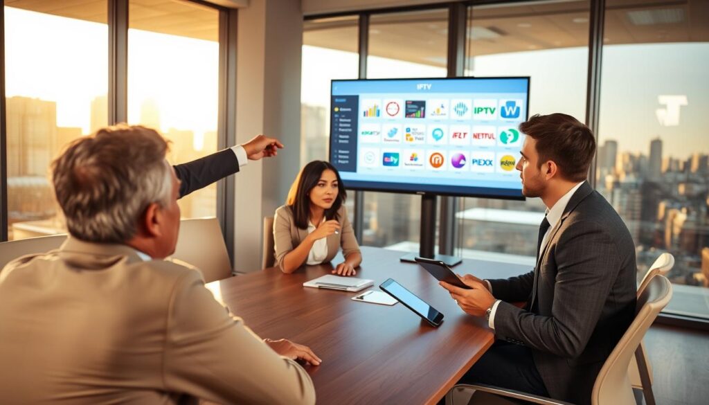 A professional setting showcasing a diverse group of individuals sitting around a modern conference table, engaged in a discussion about IPTV services. In the foreground, a middle-aged man in business attire points to a large screen displaying colorful charts and IPTV logos. In the middle ground, a woman takes notes while a young professional looks thoughtfully at a tablet, showcasing varied demographics and backgrounds. The background features large windows with a city skyline, illuminated by warm sunlight, creating an inviting atmosphere. The lighting is bright yet soft, highlighting the engaged expressions of the people. The mood is collaborative and focused, reflecting decision-making about choosing the best IPTV service.