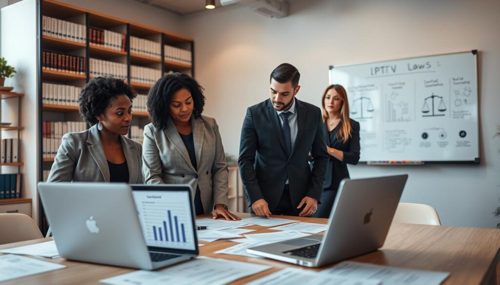 A professional setting showcasing an office environment focused on legal considerations for IPTV services in the United States. In the foreground, a diverse group of three business professionals, one African American woman, one Hispanic man, and one Caucasian woman, discuss legal documents related to IPTV regulations, all dressed in smart business attire. The middle ground features a large table covered in paperwork, highlighted by a laptop displaying graphs and legal symbols. The background presents a modern office with bookshelves filled with law books and a whiteboard with essential IPTV laws sketched out. Soft, warm lighting creates an inviting atmosphere, emphasizing a sense of professionalism and collaboration. The angle is slightly elevated, capturing both the individuals and the intricate details of their surroundings.