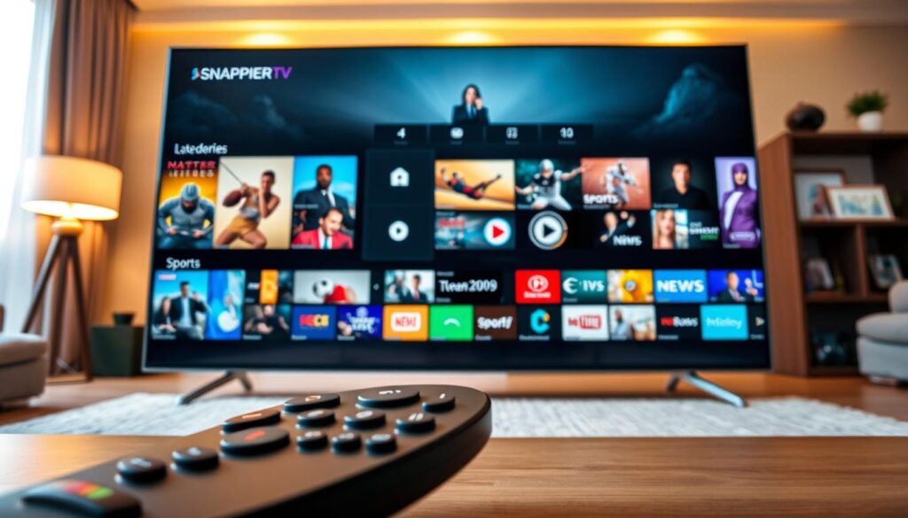 A sleek and modern IPTV app interface for "Snappier IPTV," displayed on a large, ultra-HD LED screen. The foreground features a smart TV remote alongside the interface, which showcases vibrant thumbnails for various streaming categories like movies, sports, and news. In the middle, the interface displays an intuitive menu with rounded buttons, a dark theme, and smooth animations. The background features a cozy living room setup with stylish furniture and a warm, inviting atmosphere, softly illuminated by ambient lighting. The perspective is slightly angled to emphasize the screen, giving a user-friendly and cutting-edge feel. The overall mood is one of sophistication and ease of use, representing a superior streaming experience. A sleek and modern IPTV app interface for "Snappier IPTV," displayed on a large, ultra-HD LED screen. The foreground features a smart TV remote alongside the interface, which showcases vibrant thumbnails for various streaming categories like movies, sports, and news. In the middle, the interface displays an intuitive menu with rounded buttons, a dark theme, and smooth animations. The background features a cozy living room setup with stylish furniture and a warm, inviting atmosphere, softly illuminated by ambient lighting. The perspective is slightly angled to emphasize the screen, giving a user-friendly and cutting-edge feel. The overall mood is one of sophistication and ease of use, representing a superior streaming experience.