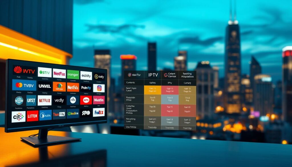 A sleek, modern digital landscape showcasing various IPTV alternatives. In the foreground, a high-tech interface displays icons and logos of popular IPTV services, arranged neatly on a futuristic screen. The middle ground features a stylized comparison chart with vibrant colors, emphasizing key features like content variety, pricing, and user ratings. In the background, a blurred cityscape at twilight with glowing skyscrapers creates a dynamic atmosphere, illuminated by warm ambient lighting. The overall mood is professional and tech-savvy, inviting trust and reliability. Use a wide-angle lens for depth, capturing the intricate details of the IPTV interface while maintaining clarity. Ensure the image is well-lit, highlighting the vibrant colors of the icons and chart.