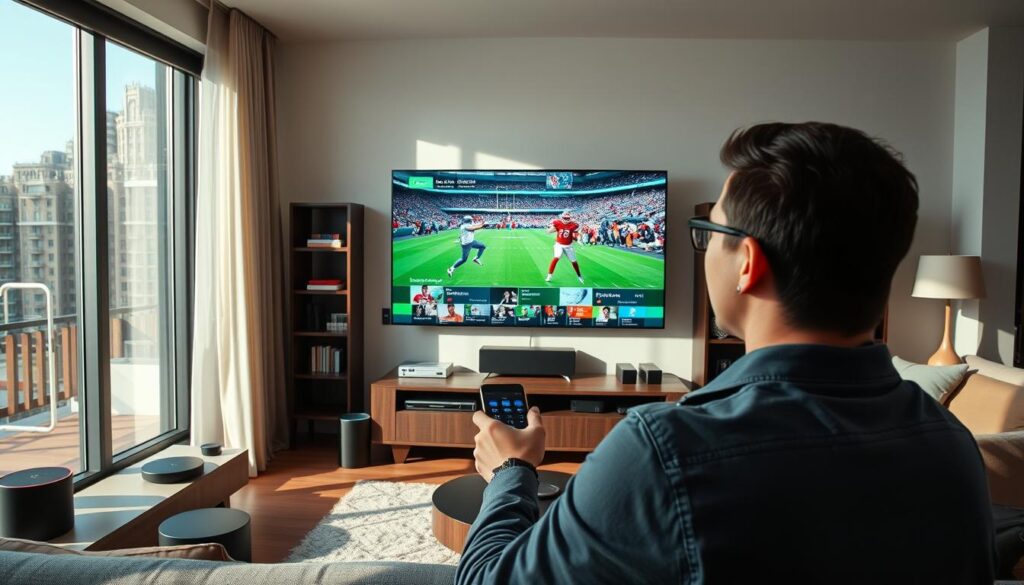 A sleek modern living room featuring a high-end flat-screen TV displaying vibrant sports content in stunning clarity. In the foreground, a person in business casual attire, focused and engaged, holds a remote control, their eyes glued to the screen. The middle ground showcases various streaming devices and a smart speaker, emphasizing advanced technology. The background includes a stylish bookshelf filled with entertainment-themed decor and a large window that allows natural light to spill in, creating a warm atmosphere. Soft shadows play across the room, enhancing depth, while the overall mood conveys enthusiasm and satisfaction with quality content and responsive support. The image is framed with a slightly angled perspective, capturing the excitement of live sports streaming.