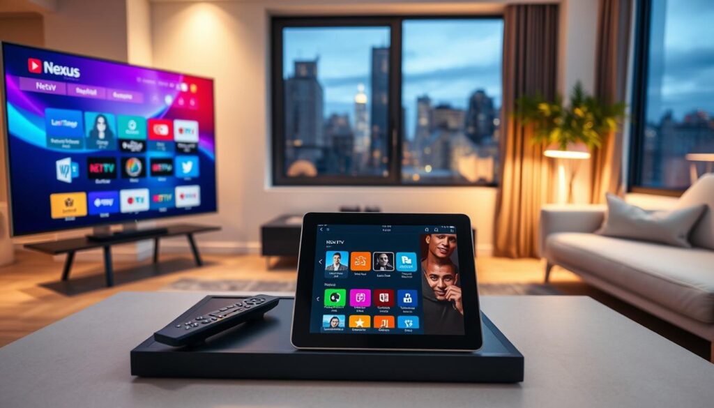 A sleek, modern living room setting as the foreground, showcasing a large, high-definition television displaying a vibrant Nexus IPTV interface with colorful icons representing various channels. In the middle, a stylish coffee table holds a remote control and a tablet that shows the Nexus IPTV app. Behind this scene, a cozy ambiance is created with soft, warm lighting and minimalist furniture, enhancing the contemporary feel. The background features a window with a view of a city skyline at dusk, casting a gentle glow into the room. The mood is inviting and tech-savvy, emphasizing the convenience and innovation of IPTV services. Capture this scene with a slightly elevated angle to provide depth and perspective, using a soft focus to create a sense of warmth and modernity.
