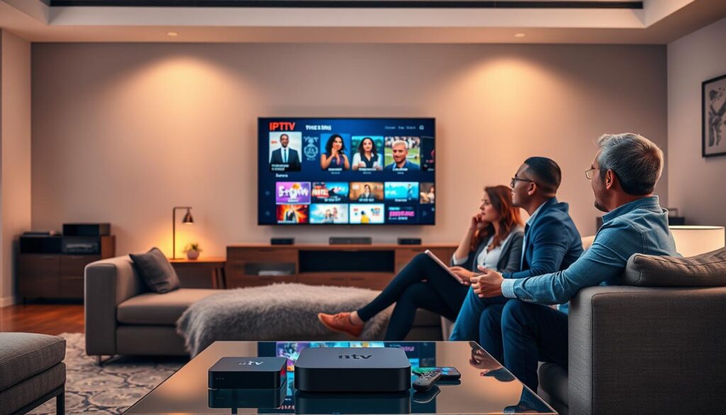 A sleek, modern living room showcases a high-definition TV displaying an IPTV interface with vibrant streaming content—movies, sports, and shows. In the foreground, a diverse group of three people of different ethnicities, dressed in smart casual attire, are comfortably seated on a stylish sofa, intently watching and discussing the screen. Midway, a variety of streaming devices like a smart box, tablet, and smartphone are placed on a sleek coffee table, highlighting device compatibility. The background reveals a cozy ambiance, with soft, warm lighting enhancing the atmosphere, creating a relaxed yet engaged mood. Use a wide-angle lens to capture the entirety of the scene, focusing on the lively interaction while making sure details like the glowing screen and stylish décor are vividly represented.