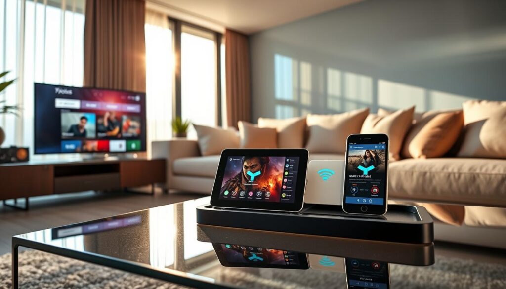 A sleek, modern living room showcasing various supported devices for Zylocast IPTV. In the foreground, a stylish Smart TV displays the Zylocast interface, with a contemporary streaming device beside it. In the middle, a tablet and a smartphone are placed on a glass coffee table, each displaying the Zylocast app. The background features a cozy sofa with soft cushions and ambient lighting, creating a welcoming atmosphere. Sunlight gently pours through a window, casting soft shadows and adding warmth to the scene. The overall mood is inviting and high-tech, emphasizing compatibility and ease of use across devices. Use a wide-angle lens to capture the entire setup clearly.