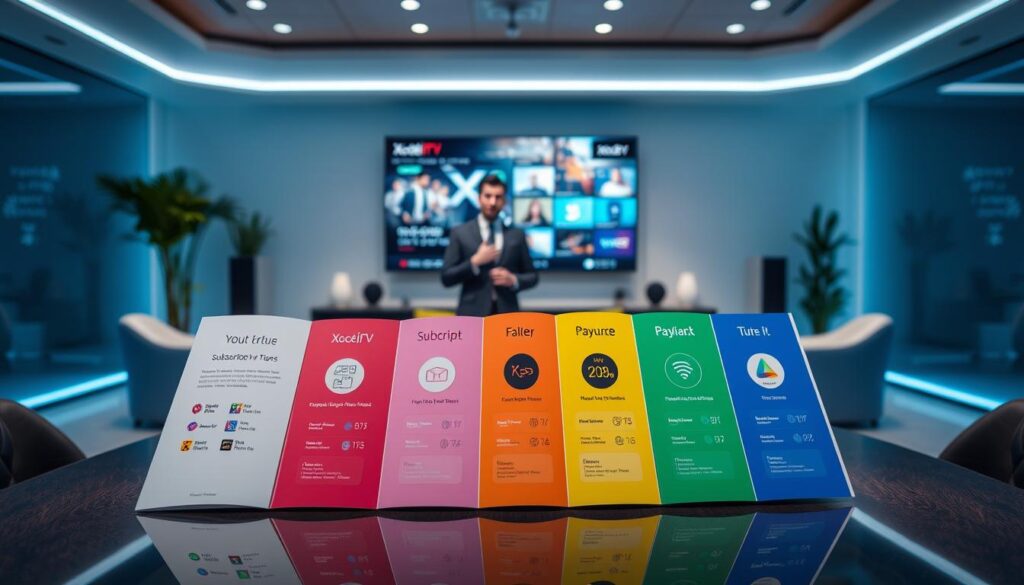 A sleek, modern promotional display showcasing Xcode IPTV subscription plans and payment options. In the foreground, an elegant table featuring various colorful brochures open to pages illustrating different subscription tiers, with icons representing features like HD streaming and multiple devices. The middle ground includes a professional-looking individual in business attire presenting the options, exuding confidence and trust. The background features a futuristic living room setting, with a large flat-screen TV displaying the Xcode IPTV interface. Soft, ambient lighting creates a warm and inviting atmosphere, emphasizing reliability and comfort. Use a wide-angle lens to capture the entire scene, ensuring clarity and focus on the details of the subscription plans. A sleek, modern promotional display showcasing Xcode IPTV subscription plans and payment options. In the foreground, an elegant table featuring various colorful brochures open to pages illustrating different subscription tiers, with icons representing features like HD streaming and multiple devices. The middle ground includes a professional-looking individual in business attire presenting the options, exuding confidence and trust. The background features a futuristic living room setting, with a large flat-screen TV displaying the Xcode IPTV interface. Soft, ambient lighting creates a warm and inviting atmosphere, emphasizing reliability and comfort. Use a wide-angle lens to capture the entire scene, ensuring clarity and focus on the details of the subscription plans.