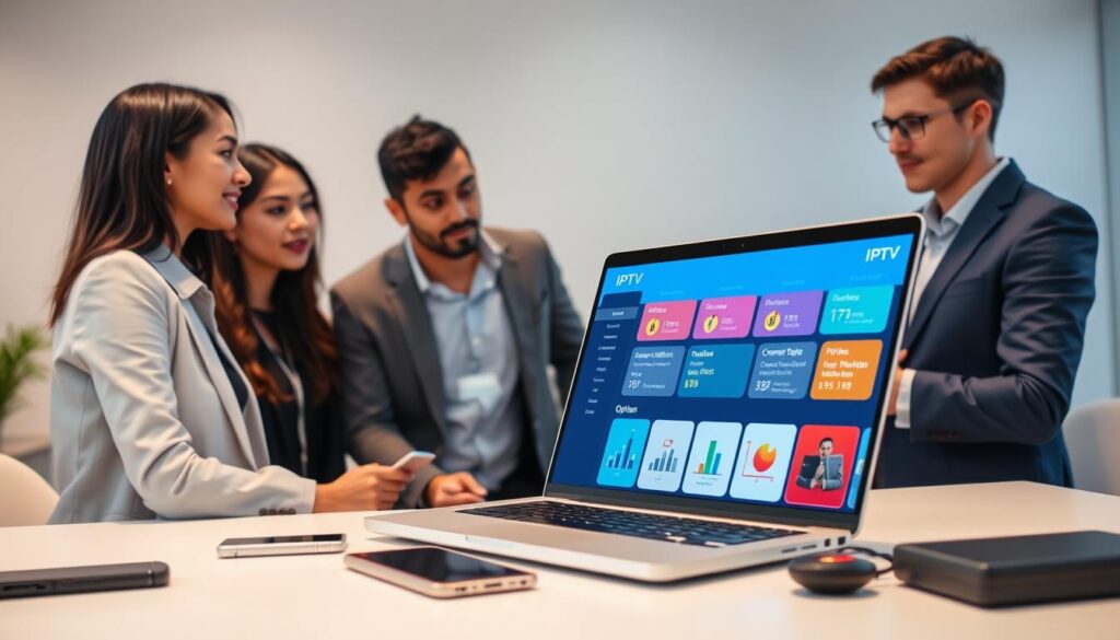 A sleek, modern workspace featuring a laptop open to a vibrant interface displaying IPTV options, surrounded by various gadgets like a smartphone and a tablet. In the foreground, a diverse group of three professionals - one Asian woman and two Caucasian men - are engaged in a focused discussion, dressed in smart casual clothing. The middle ground includes colorful charts and graphs on a digital display, illustrating factors like price, channel selection, and customer reviews. The background features a clean, minimalistic office with soft lighting, creating an atmosphere of collaboration and technology. The image conveys a sense of careful consideration and decision-making in choosing the right IPTV service, with a blend of realism and modern aesthetics. A sleek, modern workspace featuring a laptop open to a vibrant interface displaying IPTV options, surrounded by various gadgets like a smartphone and a tablet. In the foreground, a diverse group of three professionals - one Asian woman and two Caucasian men - are engaged in a focused discussion, dressed in smart casual clothing. The middle ground includes colorful charts and graphs on a digital display, illustrating factors like price, channel selection, and customer reviews. The background features a clean, minimalistic office with soft lighting, creating an atmosphere of collaboration and technology. The image conveys a sense of careful consideration and decision-making in choosing the right IPTV service, with a blend of realism and modern aesthetics.
