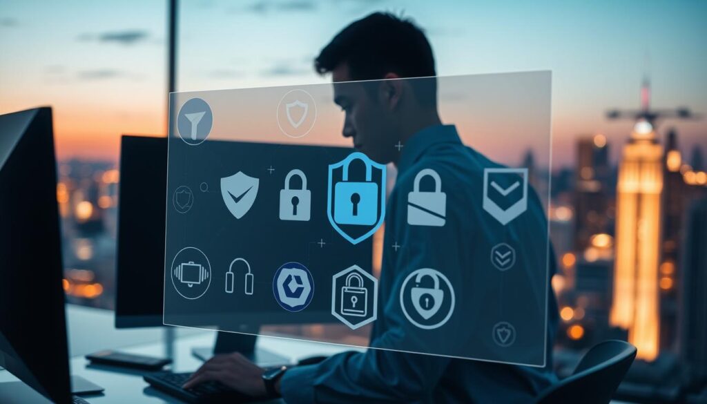 A sleek, modern workspace in the foreground showing a professional individual in business attire, intently working on a computer that displays the Xcode IPTV interface. The middle layer features a transparent overlay graphically depicting privacy and security icons such as shields, locks, and VPN symbols, creating a sense of digital protection. The background showcases a cityscape at dusk, bathed in soft, warm lighting, complemented by a slightly blurred, glowing skyline. The atmosphere conveys a secure, trustworthy environment, emphasizing the importance of privacy and security in streaming services. The overall composition should be harmonious, emphasizing focus on the subject while illustrating the concept of secure streaming. A sleek, modern workspace in the foreground showing a professional individual in business attire, intently working on a computer that displays the Xcode IPTV interface. The middle layer features a transparent overlay graphically depicting privacy and security icons such as shields, locks, and VPN symbols, creating a sense of digital protection. The background showcases a cityscape at dusk, bathed in soft, warm lighting, complemented by a slightly blurred, glowing skyline. The atmosphere conveys a secure, trustworthy environment, emphasizing the importance of privacy and security in streaming services. The overall composition should be harmonious, emphasizing focus on the subject while illustrating the concept of secure streaming.