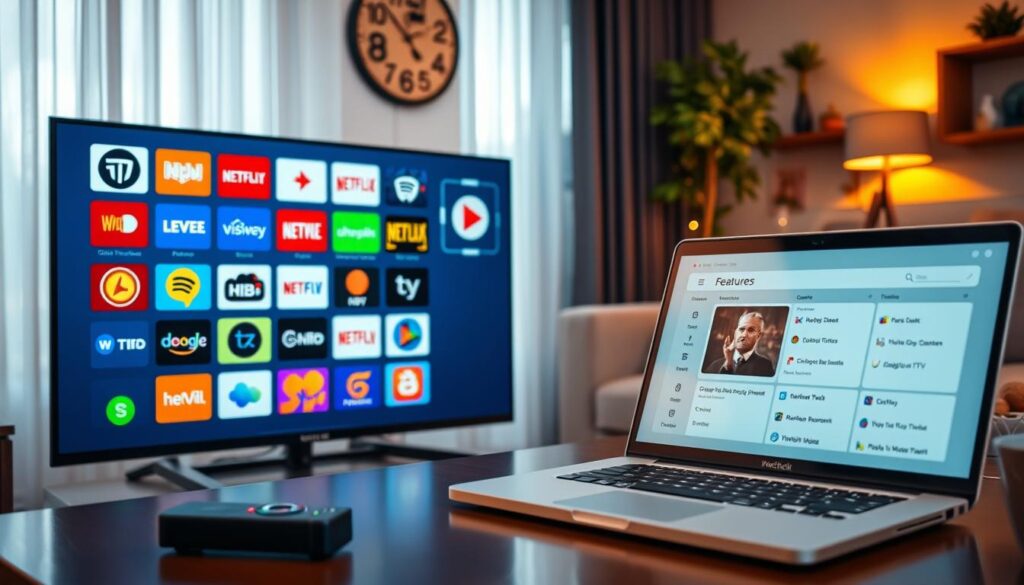 A vibrant and engaging digital workspace scene showcasing a comparison of IPTV apps tailored for Firestick users. In the foreground, a sleek, modern flat-screen TV displays various IPTV app logos arranged in a grid format, with a remote control resting beside it. In the middle, a stylish laptop opens to a side-by-side comparison of app features on a clean, user-friendly interface. Background elements include cozy living room decor with soft lighting, enhancing a relaxed yet focused atmosphere, and a comfortable couch visible. Emphasize the tech-savvy vibe with warm ambient lights reflecting on the screen, highlighting details while ensuring a clear, organized composition that embodies an informative and professional setting.