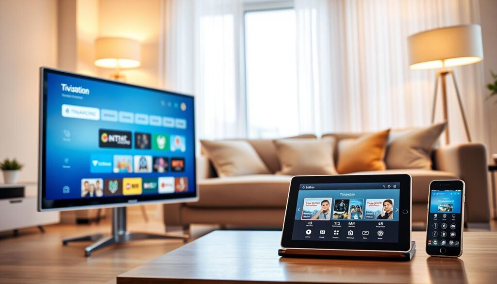 A vibrant living room scene showcasing multiple electronic devices displaying Tivistation IPTV. In the foreground, a sleek, modern smart TV stands prominently with the Tivistation interface visible, showcasing various streaming options. To the right, a tablet and a smartphone, both featuring the Tivistation app, sit on a stylish coffee table. In the middle, a cozy couch with neatly arranged cushions invites viewers to sit and enjoy the streaming experience. The background features soft, warm lighting emanating from elegant lamps, creating a welcoming atmosphere. A window reveals a sunny day outside, adding to the inviting mood. The composition captures a sense of convenience and multi-device compatibility, highlighting Tivistation's user-friendly setup in a contemporary environment.