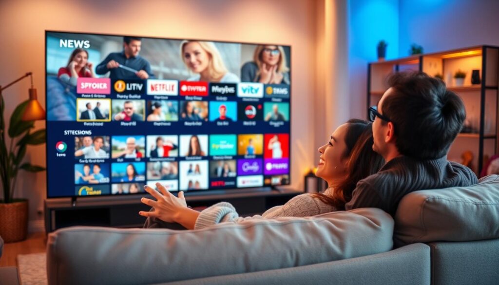 A vibrant, modern living room setting where a family is enjoying a variety of IPTV content on a large, sleek flat-screen TV. In the foreground, a couple is seated comfortably on a stylish couch, engrossed in streaming channels, their expressions reflecting satisfaction and entertainment. The middle ground features the TV displaying an array of colorful channel options, showcasing genres like news, sports, and movies. The background contains cozy decor, with soft lighting illuminating the room, adding a warm atmosphere. Use a slight high-angle perspective to capture the scene, emphasizing the engaging content on screen. The overall mood is inviting and relaxed, symbolizing the joy of diverse streaming options.