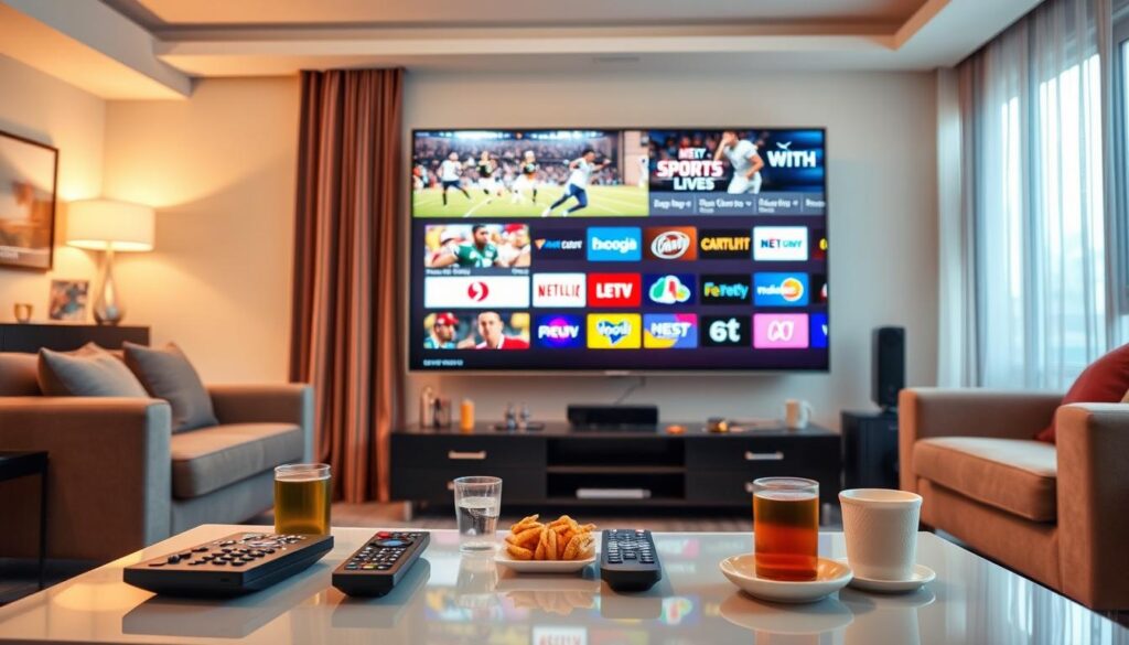 A vibrant, modern living room setup showcasing a sleek television displaying various sports and entertainment channels available on Zylocast IPTV. In the foreground, a stylish coffee table with remote controls, snacks, and drinks, emphasizing a cozy atmosphere. The middle ground features a large, high-definition TV showcasing dynamic images of live sports events along with colorful logos of popular entertainment channels. The background reveals a well-decorated room with soft, ambient lighting and comfortable seating, creating an inviting mood. The scene is illuminated by warm, natural light filtering through a window, highlighting the space's comfort. Capture this in a wide-angle shot to convey a sense of abundance in choices for viewers.