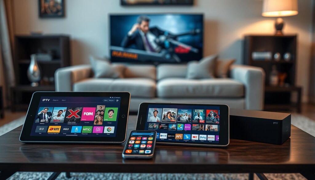 A visually appealing composition of various IPTV devices, including a sleek smart TV, a tablet, and a smartphone, arranged on a modern living room coffee table. The foreground features these devices displaying colorful IPTV interfaces, showcasing a variety of channels. In the middle ground, a cozy sofa is faintly visible, suggesting a comfortable viewing experience. The background presents a stylish living room with soft lighting that creates a warm and inviting atmosphere. The scene is viewed from a slightly elevated angle, emphasizing the devices and their screens while providing depth. The overall mood is professional yet relaxed, highlighting the importance of quality entertainment options available through top American IPTV providers.