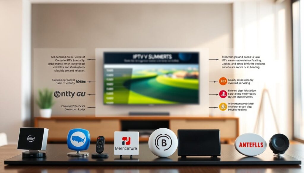 A visually appealing infographic showcasing the comparison of various IPTV services in the USA. In the foreground, place sleek icons or logos representing popular IPTV providers, arranged in a dynamic layout. The middle layer should feature a subtle chart or graph comparing key features such as pricing, channel variety, and user ratings, designed with contrasting colors for clarity. In the background, incorporate an abstract digital landscape or a modern living room setting, depicting a television screen with streaming content. Use bright, welcoming lighting to create an inviting atmosphere, and opt for a slightly elevated perspective to capture the entire composition harmoniously. The overall mood should be informative yet engaging, suited for a tech-savvy audience.