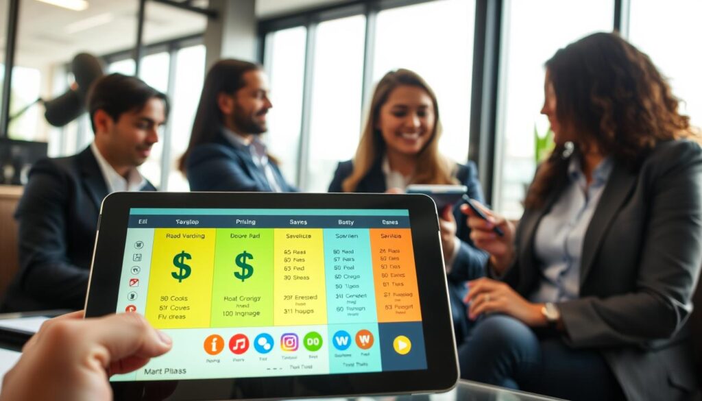 A visually engaging composition illustrating "1 Dollar IPTV Pricing Plans and Savings." In the foreground, a digital tablet displays colorful pricing charts with the dollar symbol prominently featured, surrounded by icons representing various streaming services. The middle ground features a diverse group of three professionals in business casual attire—two engaged in discussing the plans, while one takes notes. In the background, a stylish modern office with soft natural lighting filters through large windows, creating a warm atmosphere. The lens captures the scene from a slightly elevated angle, emphasizing the interaction and digital device, while the overall mood is informative and optimistic, suggesting smart savings and tech-savvy choices.