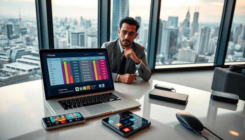A visually engaging scene depicting IPTV pricing strategies and value subscriptions. In the foreground, a sleek, modern desk with a laptop open to a colorful pricing chart and subscription plans. A smartphone beside it displays various streaming services. In the middle, a confident professional in business attire, analyzing the data with focused intent, surrounded by stylish tech gadgets. The background features a large window showcasing a city skyline, symbolizing connectivity and service reach. Soft, warm lighting bathes the scene, enhancing the atmosphere of professionalism and clarity. The camera angle captures a dynamic view, creating a sense of depth and engagement in the subject matter. A visually engaging scene depicting IPTV pricing strategies and value subscriptions. In the foreground, a sleek, modern desk with a laptop open to a colorful pricing chart and subscription plans. A smartphone beside it displays various streaming services. In the middle, a confident professional in business attire, analyzing the data with focused intent, surrounded by stylish tech gadgets. The background features a large window showcasing a city skyline, symbolizing connectivity and service reach. Soft, warm lighting bathes the scene, enhancing the atmosphere of professionalism and clarity. The camera angle captures a dynamic view, creating a sense of depth and engagement in the subject matter.