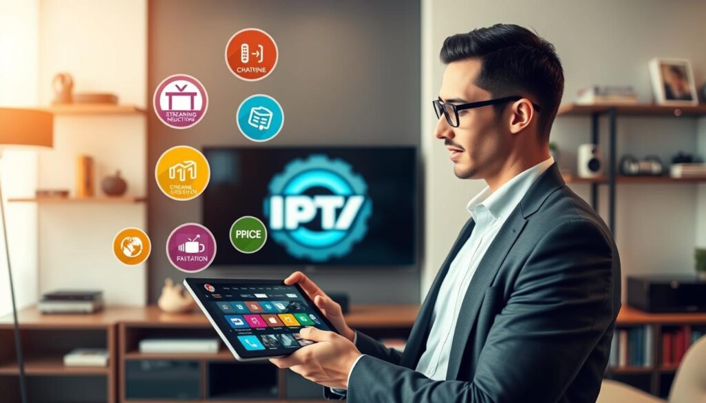 A visually engaging scene depicting "Tips for Choosing the Best IPTV Subscription" with a modern, professional aesthetic. In the foreground, a well-dressed businessperson, wearing a suit and glasses, is thoughtfully reviewing a tablet displaying a user-friendly IPTV interface. Surrounding the individual are vibrant icons representing various IPTV features like streaming quality, channel selection, and pricing plans, artistically floating in a semi-circle. The middle ground features a sleek, contemporary living room setup with a large flat-screen TV showcasing an IPTV logo. The background consists of soft-focus shelves adorned with tech gadgets and books on digital media. Warm, ambient lighting creates a welcoming atmosphere, while a wide-angle lens captures the depth of the scene, evoking a sense of modern technology and informed decision-making.