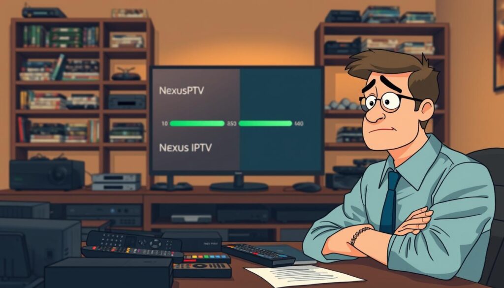 A visually engaging scene depicting the challenges of subscribing to an IPTV service, specifically Nexus IPTV. In the foreground, illustrate a confused user in professional attire, sitting at a desk cluttered with various remote controls, a laptop displaying the Nexus IPTV interface, and an array of streaming devices. In the middle ground, display a large monitor with a split-screen view showing loading icons and buffering symbols, representing connectivity issues. The background includes dimly lit shelves filled with DVDs and outdated tech, evoking a sense of frustration. The lighting is warm but slightly dim, creating an atmosphere of contemplation and concern. Use a shallow depth of field to emphasize the user’s expression, capturing both their confusion and curiosity about the service's drawbacks.