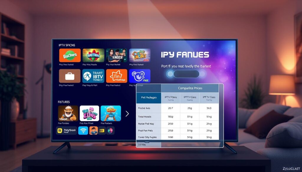 A visually striking and informative illustration showcasing Zylocast IPTV plans and pricing. In the foreground, create a sleek digital display screen featuring vibrant icons and colorful visual elements representing various IPTV packages with enticing features. In the middle, include a modern, stylish table displaying a comparative pricing chart, emphasizing affordability and value. The background should feature a cozy living room setting with a smart TV and a comfortable couch, glowing with warm lighting that conveys a welcoming atmosphere. Use a slight upward angle to highlight the screen, suggesting innovation and advanced technology. The lighting should be soft and inviting, creating a sense of trust and ease for users exploring their streaming options.