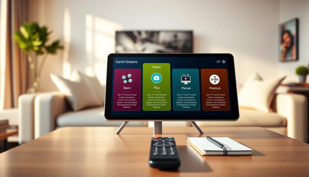 A visually striking illustration of the Gemini Streamz IPTV subscription plans, set in a modern digital environment. In the foreground, a sleek, high-tech tablet displays vibrant icons representing different subscription tiers: Basic, Plus, and Premium, each with distinct colors and symbols showcasing features like live TV, on-demand content, and multi-device access. The middle layer features an elegant, minimalist table with a stylish remote control and a notebook, symbolizing user engagement and easy navigation. In the background, a soft-focus living room ambiance with cozy lighting creates an inviting atmosphere, enhancing a sense of comfort and modern convenience. Use natural lighting to give a warm and welcoming feel, shot from a slightly elevated angle to capture the elements effectively, promoting an organized and streamlined look.