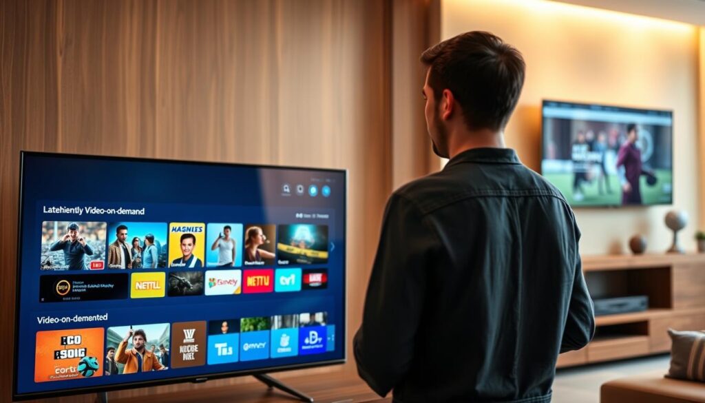 An elegantly designed digital interface showcasing Xcode IPTV’s extensive channel and video-on-demand library. In the foreground, crisp, vibrant thumbnails representing various channels and genres, including movies, sports, and documentaries, display on a sleek modern screen. In the middle, a user-friendly navigation bar with iconography for easy access to live television and video-on-demand selections. The background features a cozy living room setting with warm lighting that creates an inviting atmosphere, showing a smart TV mounted on a stylish wall. A professional person in modest casual attire is seen interacting with the device, immersing in the streaming experience. The overall mood conveys reliability and modernity, emphasizing the extensive content offerings available through Xcode IPTV. An elegantly designed digital interface showcasing Xcode IPTV’s extensive channel and video-on-demand library. In the foreground, crisp, vibrant thumbnails representing various channels and genres, including movies, sports, and documentaries, display on a sleek modern screen. In the middle, a user-friendly navigation bar with iconography for easy access to live television and video-on-demand selections. The background features a cozy living room setting with warm lighting that creates an inviting atmosphere, showing a smart TV mounted on a stylish wall. A professional person in modest casual attire is seen interacting with the device, immersing in the streaming experience. The overall mood conveys reliability and modernity, emphasizing the extensive content offerings available through Xcode IPTV.