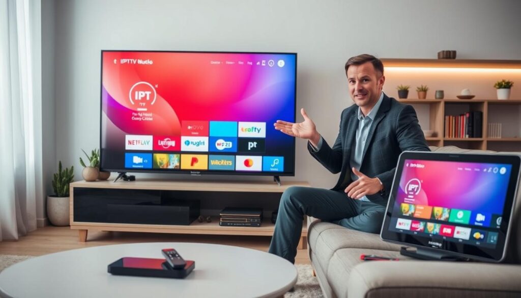 An informative IPTV streaming guide scene, featuring a modern living room setup with a sleek flat-screen TV displaying a colorful IPTV interface. In the foreground, a stylish coffee table holds a remote control and a tablet showing the IPTV app. In the middle ground, a comfortable sofa is positioned, with a professional individual, dressed in smart, casual attire, gesturing towards the TV with a look of engagement, as if explaining the IPTV options. The background showcases a soft-lit room with decorative elements like potted plants and shelves lined with books, creating a warm, inviting atmosphere. The lighting is soft and ambient, enhancing the cozy feel, while the angle captures the scene from slightly above eye level, offering a dynamic view of the IPTV setup. An informative IPTV streaming guide scene, featuring a modern living room setup with a sleek flat-screen TV displaying a colorful IPTV interface. In the foreground, a stylish coffee table holds a remote control and a tablet showing the IPTV app. In the middle ground, a comfortable sofa is positioned, with a professional individual, dressed in smart, casual attire, gesturing towards the TV with a look of engagement, as if explaining the IPTV options. The background showcases a soft-lit room with decorative elements like potted plants and shelves lined with books, creating a warm, inviting atmosphere. The lighting is soft and ambient, enhancing the cozy feel, while the angle captures the scene from slightly above eye level, offering a dynamic view of the IPTV setup.